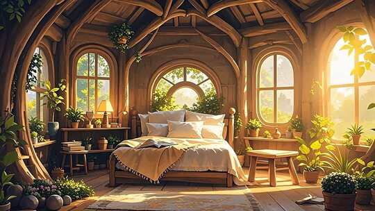 木质卧室阳光绿植场景