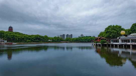 湖南株洲神农公园神农阁游龙湖延时阴天傍晚