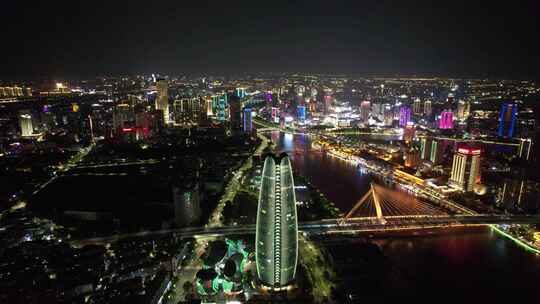 浙江宁波城市夜景灯光航拍