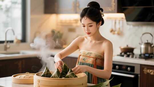 端午节包粽子美女包粽子食材