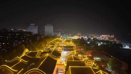 湖南岳阳楼景区汴河街夜景航拍