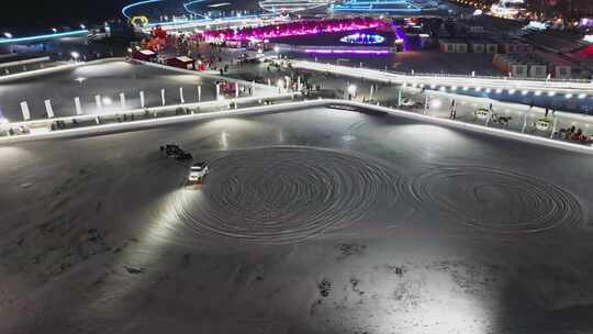 哈尔滨松花江上冬季冰雪嘉年华夜景航拍