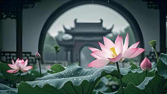 夏天荷花窗棂特写唯美中国风古典意境