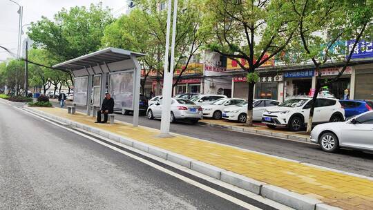 城市道路建筑春天花草树木商铺店面马路汽车