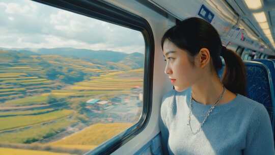 女孩乘火车赏窗外田园风光