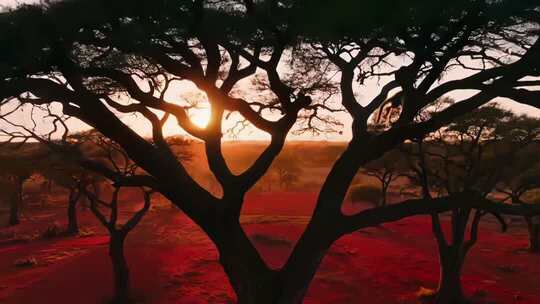 非洲草原日落树林景象