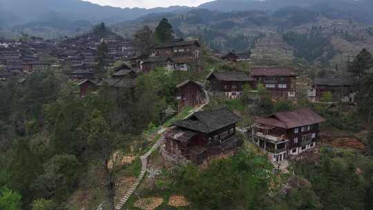 贵州黔东南雷山县雀鸟苗寨传统民居航拍风光