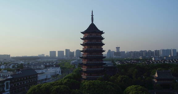 旅游景区 航拍苏州北寺塔环绕推近景黄昏