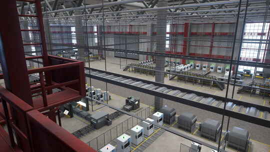 工业工厂中的CNC机械和装配线3D动画平视频素材模板下载