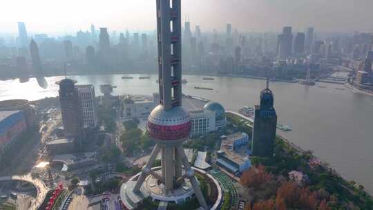 上海浦东新区东方明珠航拍陆家嘴环岛世纪大