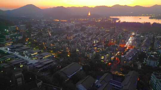 杭州西湖景区夜晚夜景航拍