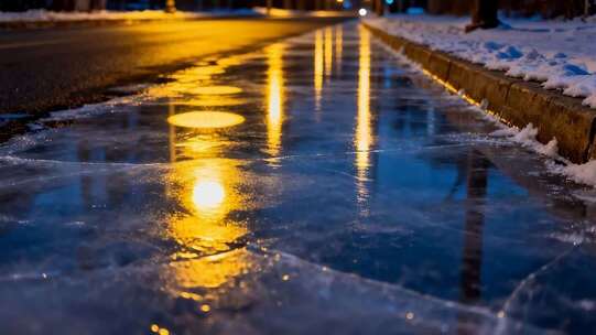 夜晚街道结冰路面光影景象