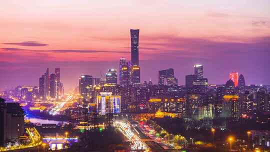 北京国贸城市天际线灯光车流夜景大气延时