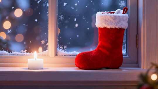 窗台上的圣诞袜与蜡烛