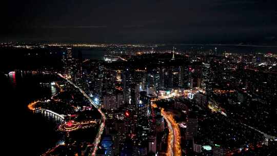 中国山东青岛城市夜景灯光秀航拍鸟瞰