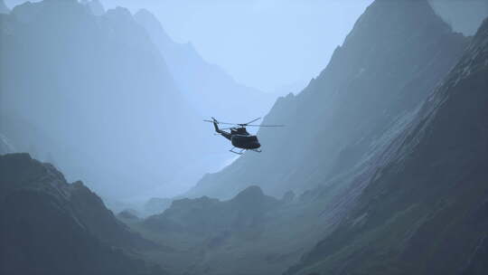 飞行在山谷里的直升机