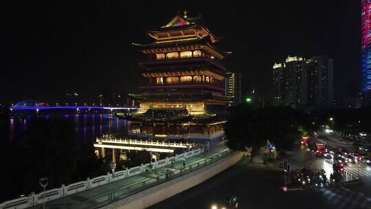 航拍广西南宁城市夜景地标建筑视频素材模板下载