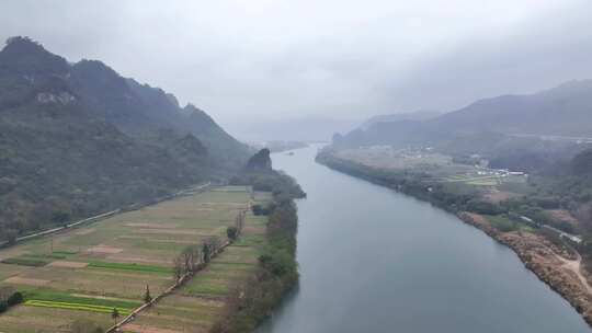 航拍广东清远阳山连江流域乡村田园风光