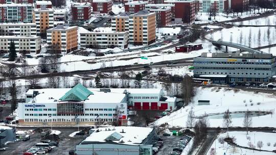 4K航拍北欧瑞典于默奥城镇自然雪景