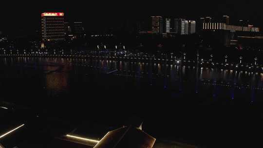 航拍内蒙古呼和浩特东河音乐喷泉夜景