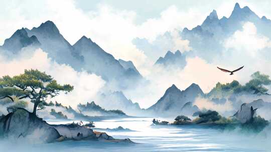 中国风山水大雁水墨插画古风背景