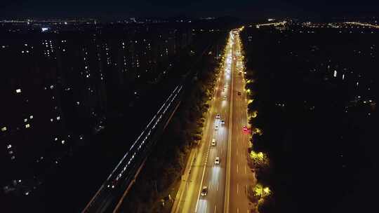 航拍上海轨道交通车流夜景