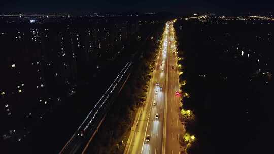航拍上海轨道交通车流夜景视频素材模板下载