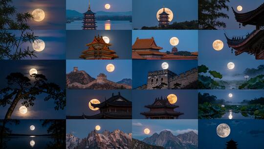 30组月亮与中国古建筑中秋团圆月亮升起高清在线视频素材下载