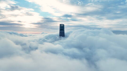 航拍上海中心大厦日出平流雾美景