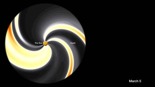 动画显示太阳耀斑从太阳辐射出来并影响地球