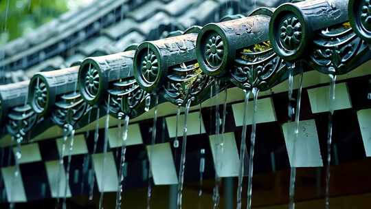 4K阴雨天屋顶瓦片中国古风建筑特写