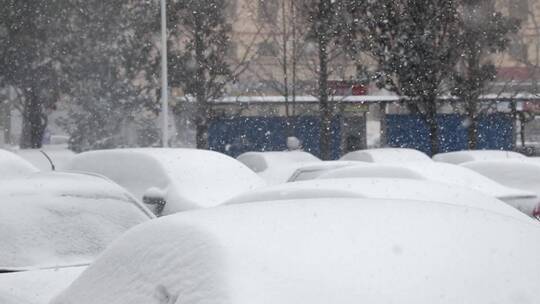 雪花落在停车场的汽车上