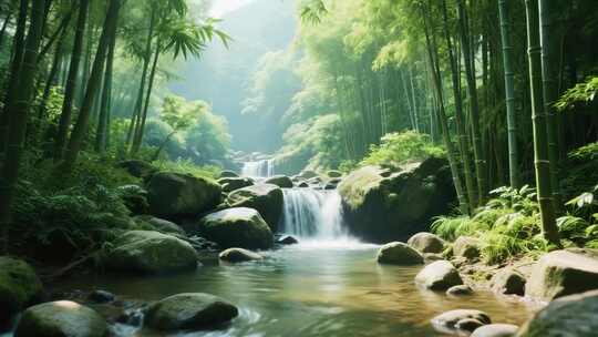 竹林溪流自然风光全景