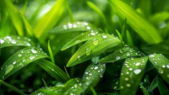 4K清晨下雨水珠草丛小草小雨春季植物