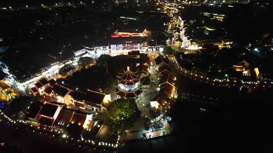 江苏苏州山塘街夜景灯光航拍