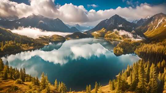 山林间湖泊全景