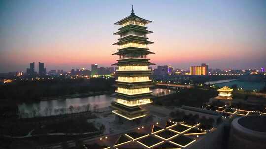 航拍中国大运河博物馆夕阳灯光夜景大运塔