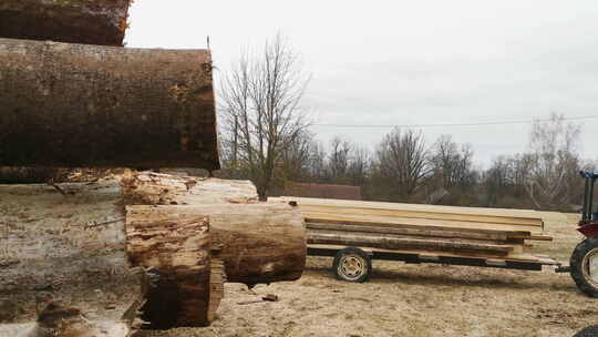 工人驾驶拖拉机用锯好的木板拉货物。木工行
