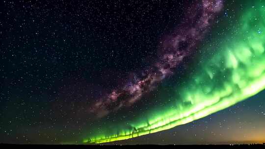 夜空中的绿色极光与繁星