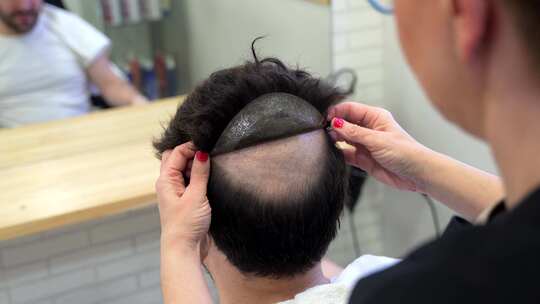 发型师用胶条给男人戴上假发
