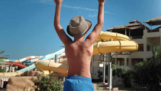 兴奋的男性青少年水上公园度假村夏季旅行假期举手跳跃快乐童年