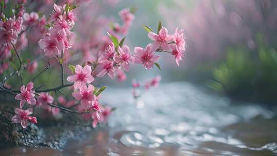 溪水桃花，唯美春天景色