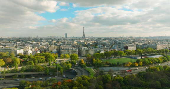 法国巴黎无人机拍摄鸟瞰飞越特罗卡德罗看埃