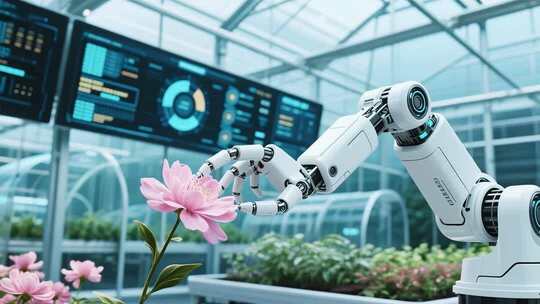 温室大棚内机器人接触花朵
