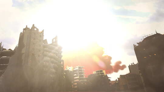 大核弹在被摧毁的城市后面升起