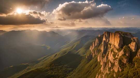 山间阳光穿透云层景观