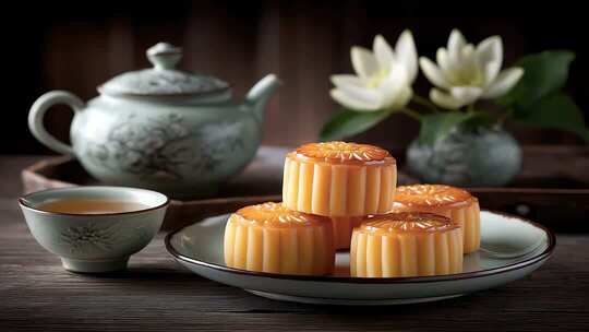 中秋月饼与茶的温馨静谧氛围