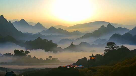 日出山水云雾缭绕意境自然风光旅游宣传片