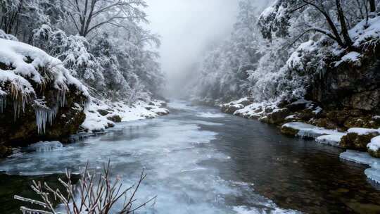 冬日森林结冰溪流景观