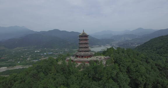 旅游景区 航拍都江堰 奎光塔中景 环绕拍摄